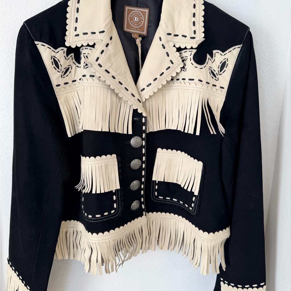 Double D Ranch Night Hearding Jacket Black and Cream Leather Jacket with Fringe